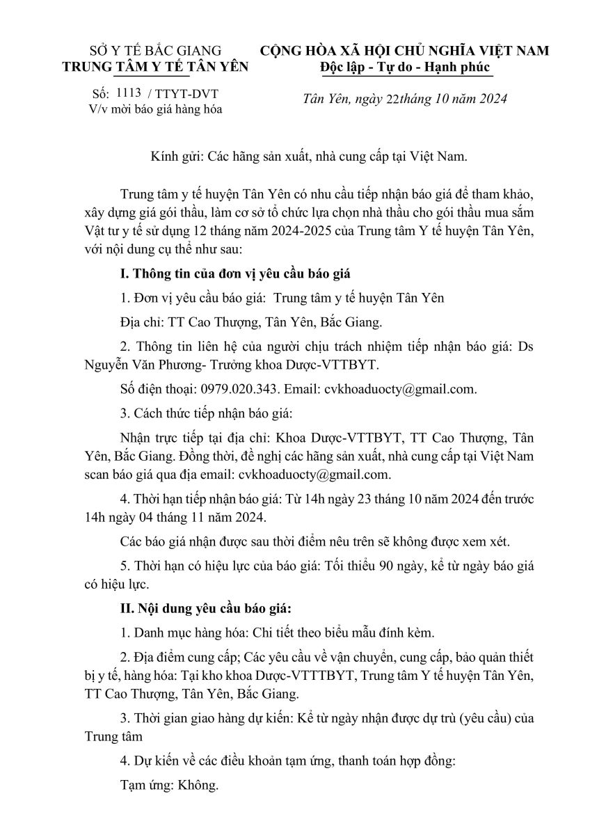 CV mời báo giá Vật tư tiêu hao sd 12 tháng năm 2024-2025