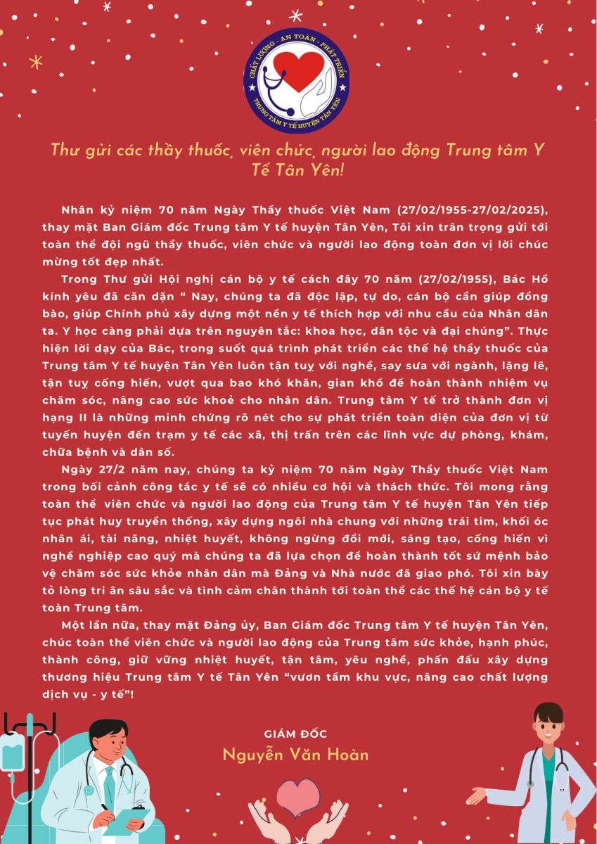 Thư thầy thuốc ưu tú Nguyễn Văn Hoàn gửi các thầy thuốc, viên chức, người lao động Trung tâm Y tế Tân Yên